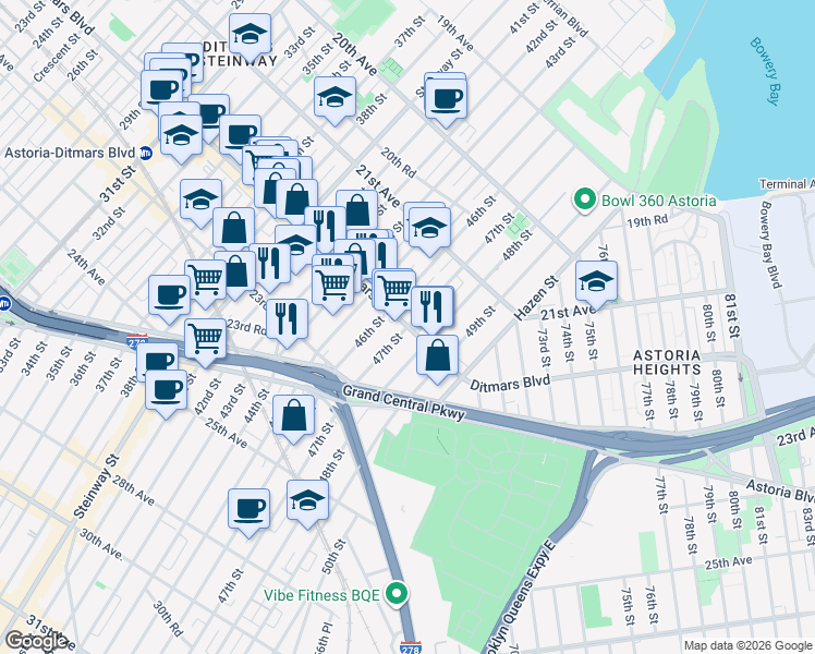 map of restaurants, bars, coffee shops, grocery stores, and more near Ditmars Blvd & 47th St in Queens