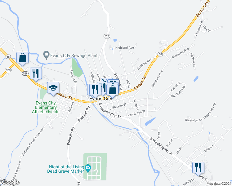 map of restaurants, bars, coffee shops, grocery stores, and more near 325 East Main Street in Evans City