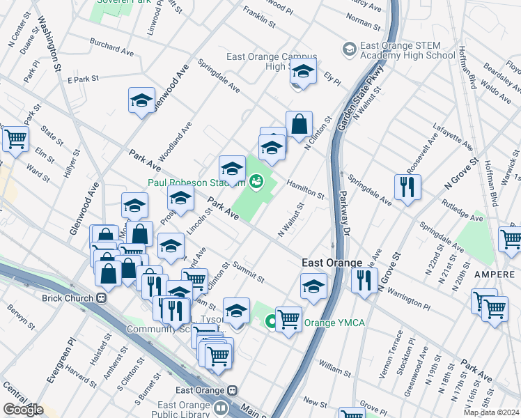 map of restaurants, bars, coffee shops, grocery stores, and more near 205 North Clinton Street in East Orange
