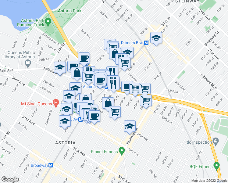 map of restaurants, bars, coffee shops, grocery stores, and more near Astoria Boulevard & Astoria Boulevard South in Queens