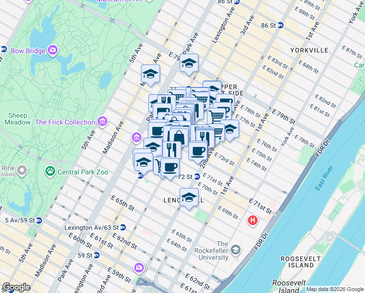map of restaurants, bars, coffee shops, grocery stores, and more near 203 East 72nd Street in New York
