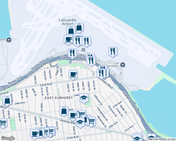 map of restaurants, bars, coffee shops, grocery stores, and more near 100-18 Ditmars Boulevard in Queens