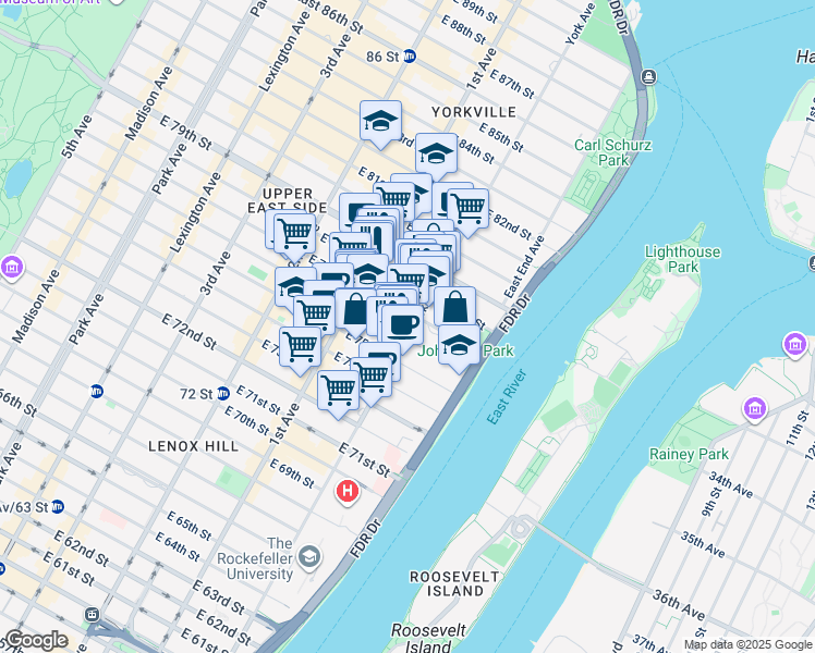 map of restaurants, bars, coffee shops, grocery stores, and more near 1441 York Avenue in New York