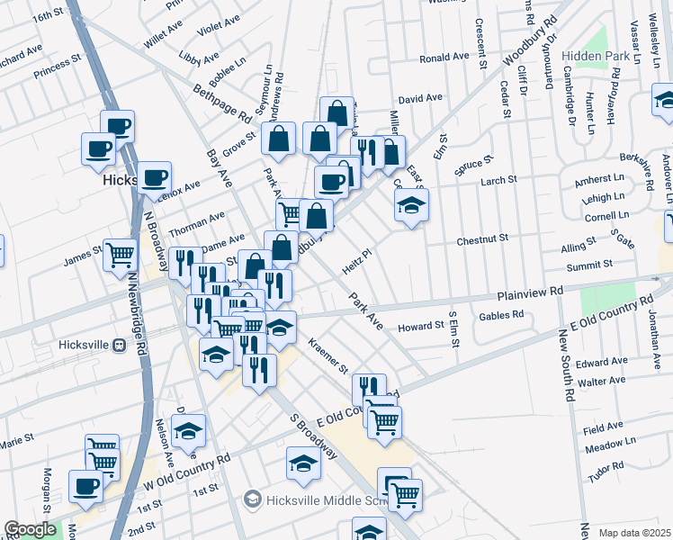 map of restaurants, bars, coffee shops, grocery stores, and more near 149 Park Avenue in Hicksville