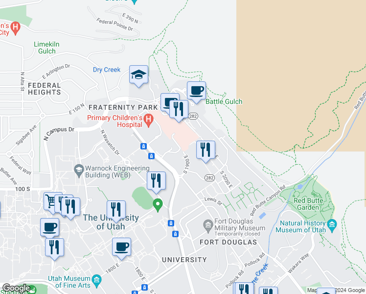 map of restaurants, bars, coffee shops, grocery stores, and more near 30 North 1900 East in Salt Lake City