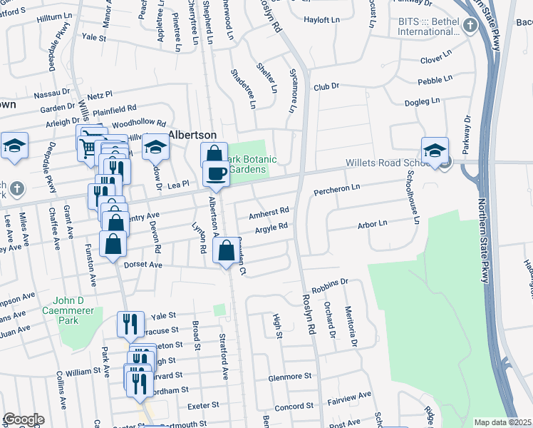 map of restaurants, bars, coffee shops, grocery stores, and more near Amherst Road in Roslyn Heights