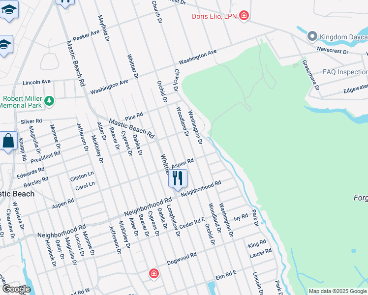 map of restaurants, bars, coffee shops, grocery stores, and more near 161 Orchid Drive in Mastic Beach