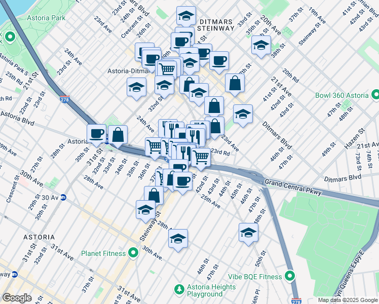 map of restaurants, bars, coffee shops, grocery stores, and more near 23-80 38th Street in Queens