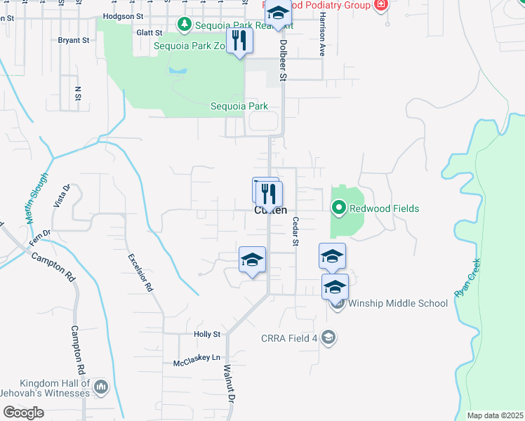 map of restaurants, bars, coffee shops, grocery stores, and more near 2263 Fern Street in Eureka