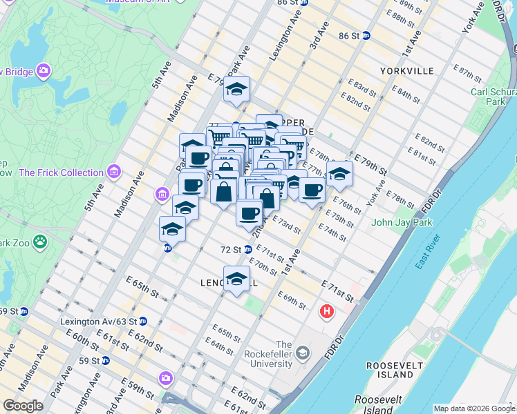 map of restaurants, bars, coffee shops, grocery stores, and more near 220 East 73rd Street in New York