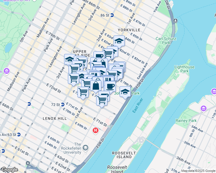 map of restaurants, bars, coffee shops, grocery stores, and more near 435 East 76th Street in New York