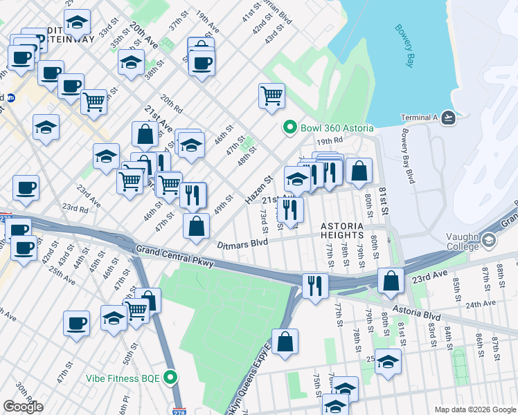 map of restaurants, bars, coffee shops, grocery stores, and more near 72-16 21st Avenue in Queens