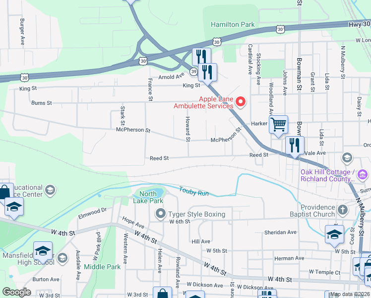 map of restaurants, bars, coffee shops, grocery stores, and more near 513 1/2 McPherson Street in Mansfield