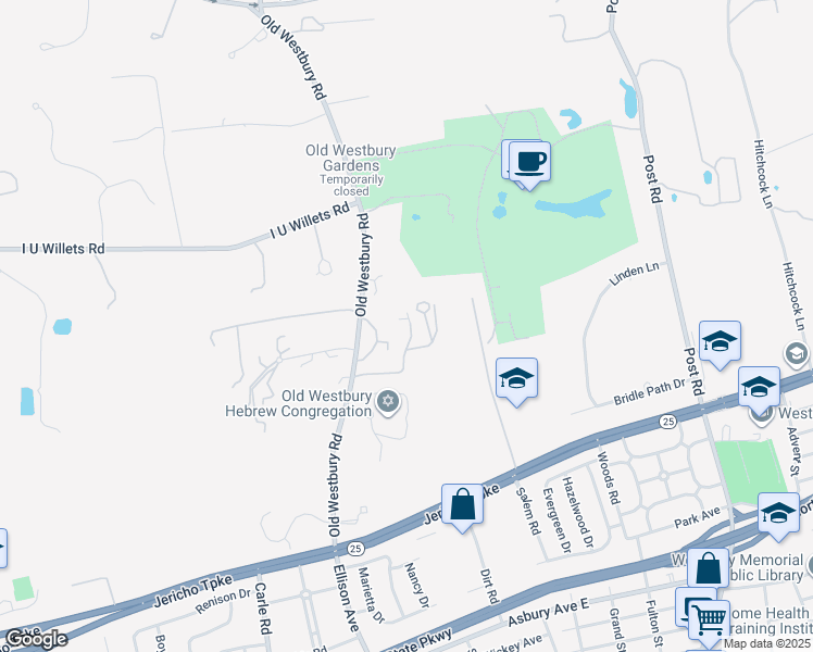 map of restaurants, bars, coffee shops, grocery stores, and more near 23 Old Westbury Road in Old Westbury
