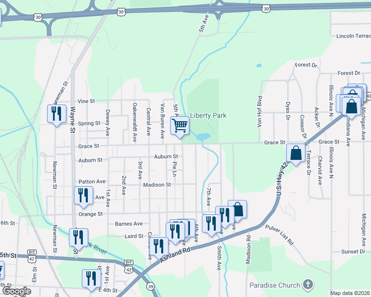 map of restaurants, bars, coffee shops, grocery stores, and more near 430 5th Avenue in Mansfield