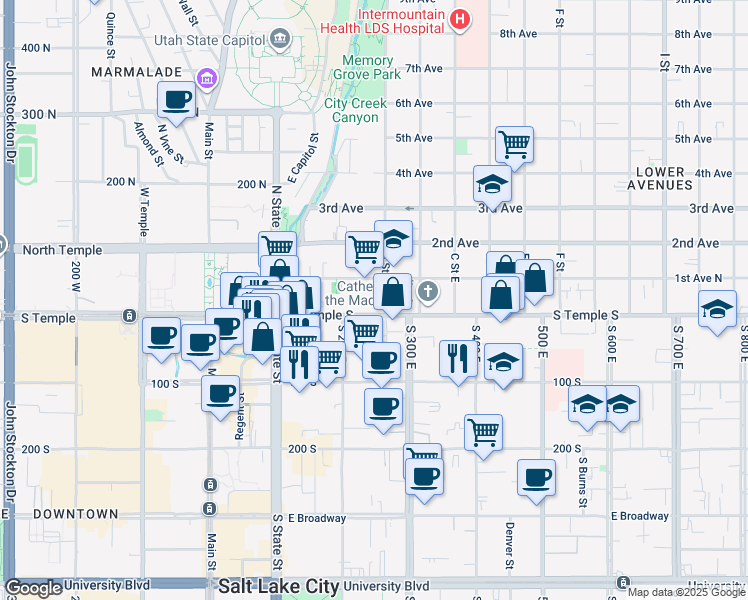 map of restaurants, bars, coffee shops, grocery stores, and more near 239 East South Temple in Salt Lake City