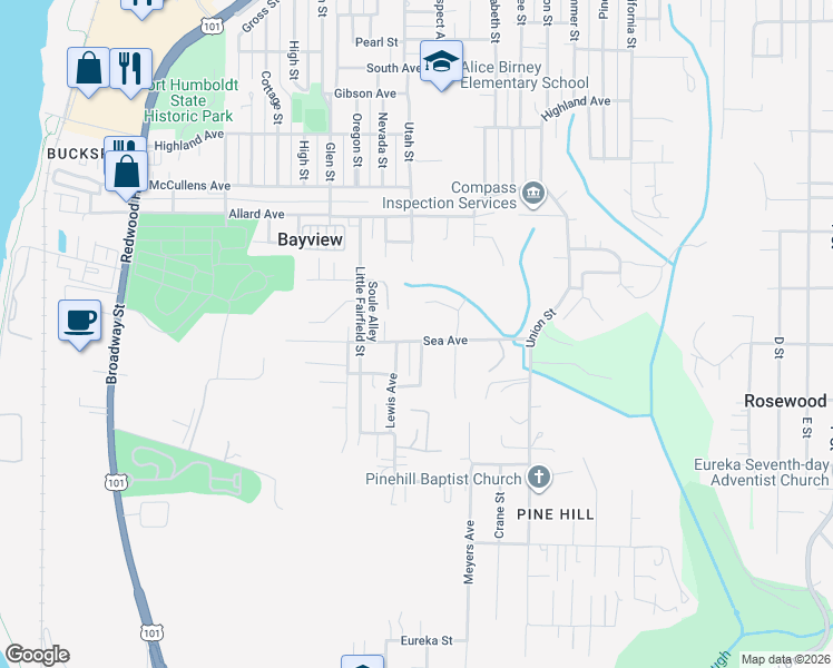 map of restaurants, bars, coffee shops, grocery stores, and more near 4127 Soule Street in Eureka