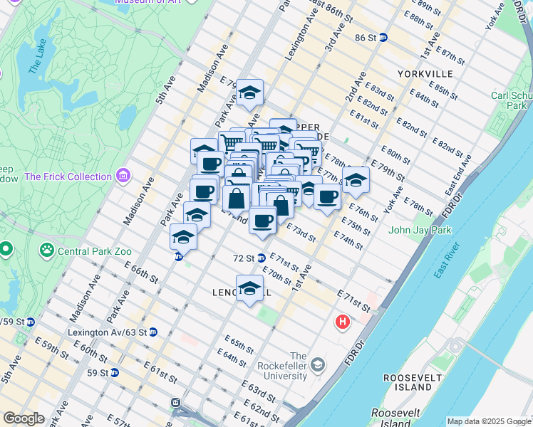 map of restaurants, bars, coffee shops, grocery stores, and more near 230 East 73rd Street in New York