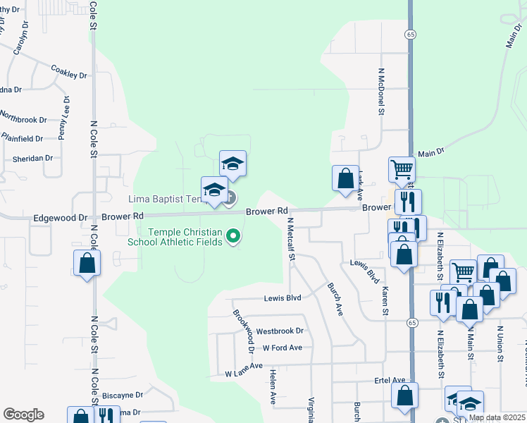 map of restaurants, bars, coffee shops, grocery stores, and more near 809 Brower Road in Lima