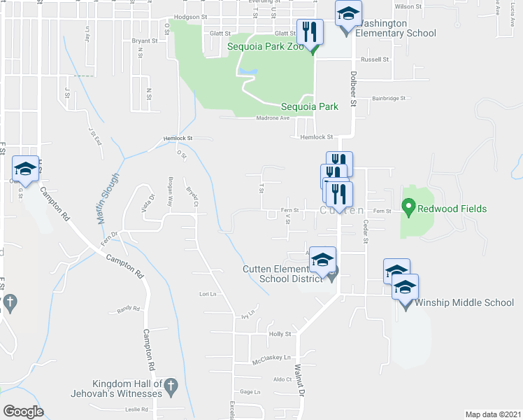 map of restaurants, bars, coffee shops, grocery stores, and more near T Street & Fern Street in Eureka