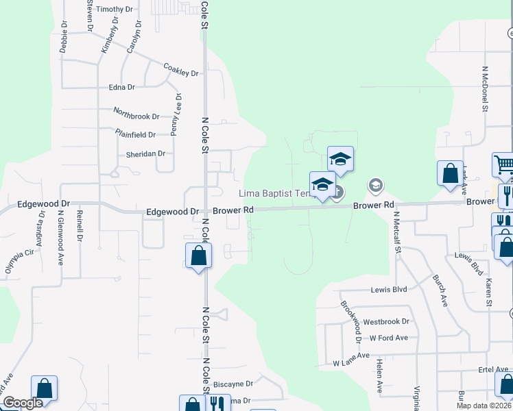 map of restaurants, bars, coffee shops, grocery stores, and more near 1150 Brower Road in Lima