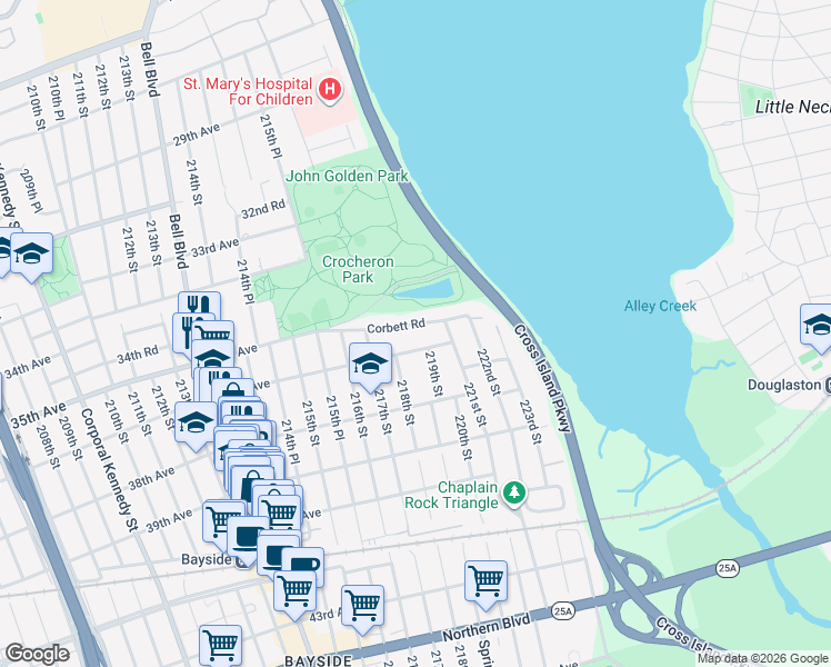 map of restaurants, bars, coffee shops, grocery stores, and more near 217-46 Corbett Road in Queens