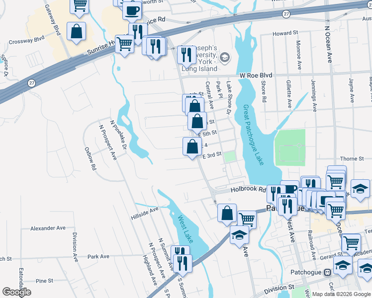 map of restaurants, bars, coffee shops, grocery stores, and more near 154 Waverly Avenue in Patchogue