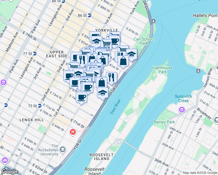 map of restaurants, bars, coffee shops, grocery stores, and more near 541 East 78th Street in New York