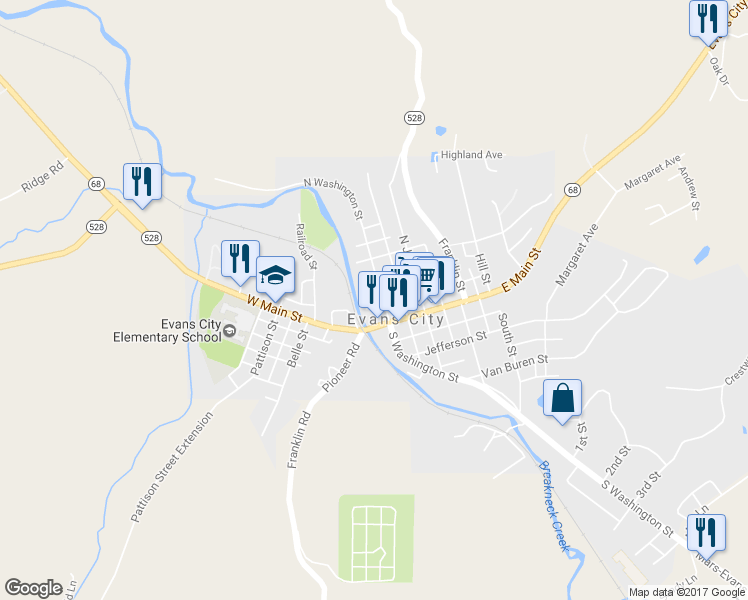 map of restaurants, bars, coffee shops, grocery stores, and more near 122 Wahl Avenue in Evans City