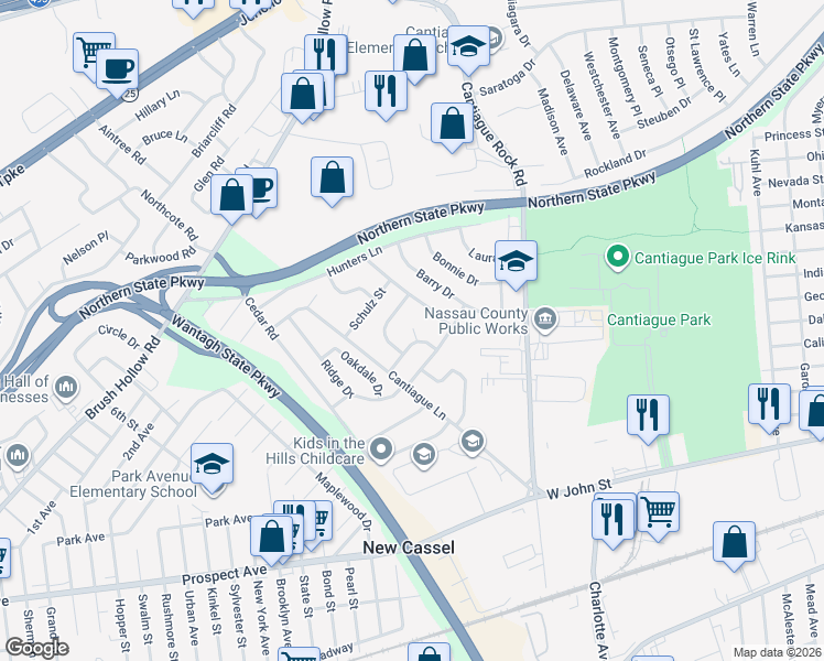 map of restaurants, bars, coffee shops, grocery stores, and more near 1 Neil Court in Westbury