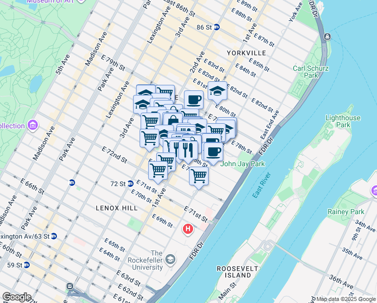 map of restaurants, bars, coffee shops, grocery stores, and more near 1448 1st Avenue in New York