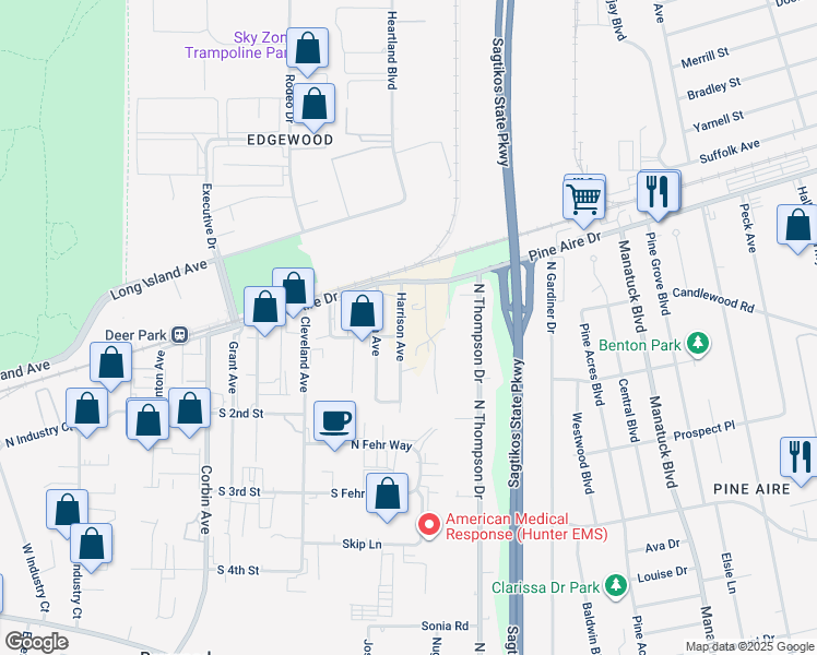 map of restaurants, bars, coffee shops, grocery stores, and more near 1855 Harrison Avenue in Bay Shore