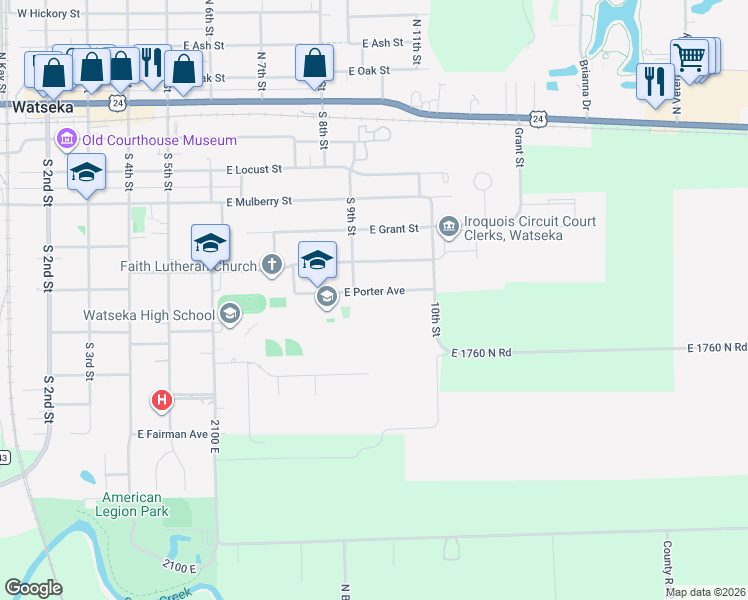 map of restaurants, bars, coffee shops, grocery stores, and more near 615 East Porter Avenue in Watseka