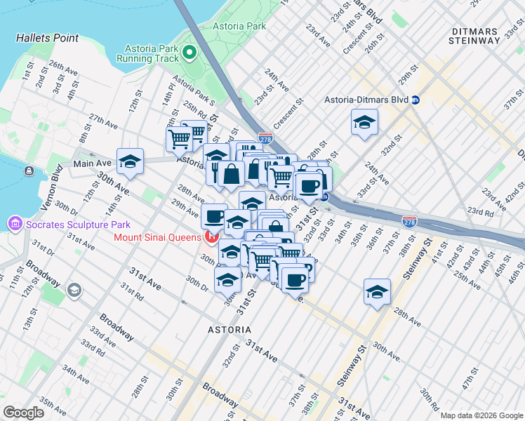 map of restaurants, bars, coffee shops, grocery stores, and more near 26-33 28th Street in Queens