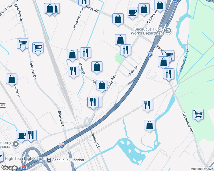 map of restaurants, bars, coffee shops, grocery stores, and more near 1 Blanche Street in Secaucus