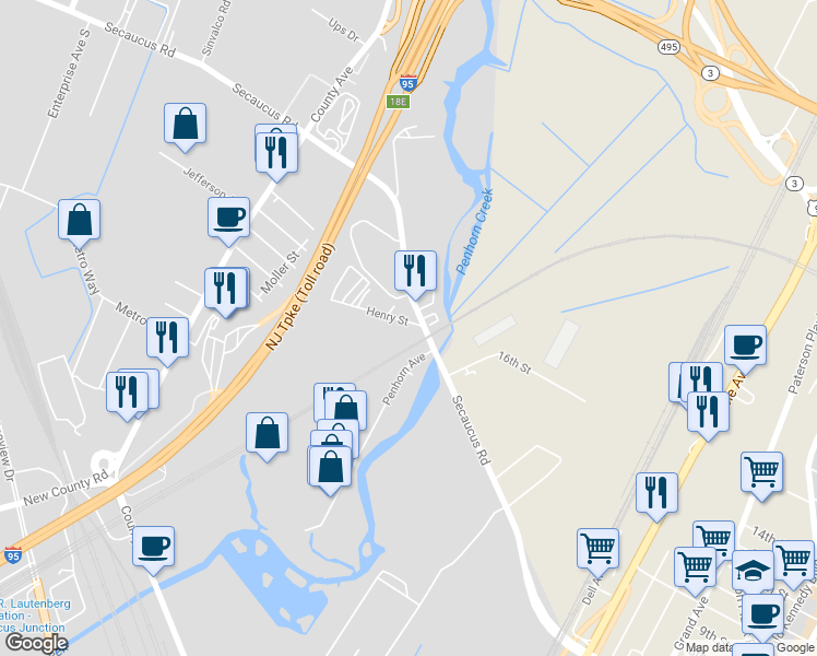 map of restaurants, bars, coffee shops, grocery stores, and more near 37 Henry Street in Secaucus