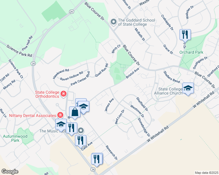 map of restaurants, bars, coffee shops, grocery stores, and more near 1682 Bristol Avenue in State College