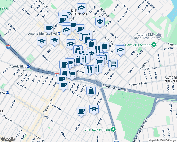 map of restaurants, bars, coffee shops, grocery stores, and more near 42-2 23rd Avenue in Queens
