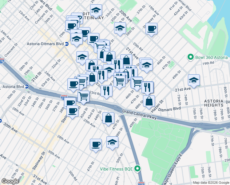 map of restaurants, bars, coffee shops, grocery stores, and more near 22-61 43rd Street in Queens