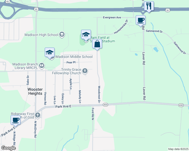 map of restaurants, bars, coffee shops, grocery stores, and more near 561 Woodcrest Drive in Mansfield