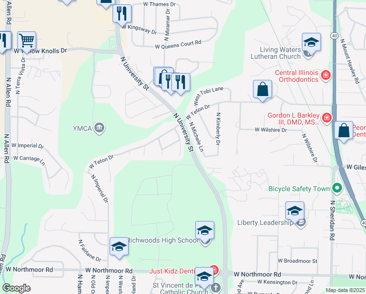 map of restaurants, bars, coffee shops, grocery stores, and more near 6714 North Hi-Wood Court in Peoria