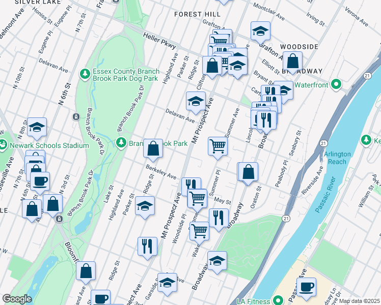 map of restaurants, bars, coffee shops, grocery stores, and more near 527 Mount Prospect Avenue in Newark