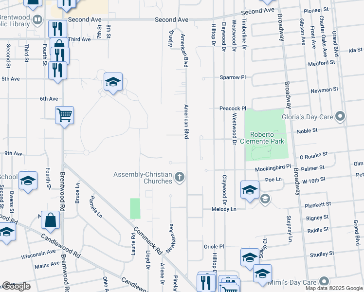 map of restaurants, bars, coffee shops, grocery stores, and more near 296 American Boulevard in Brentwood