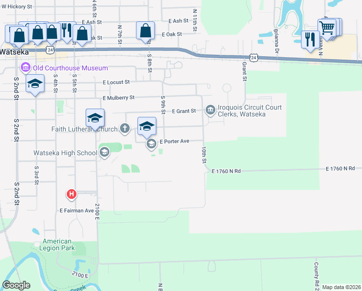 map of restaurants, bars, coffee shops, grocery stores, and more near 615 East Porter Avenue in Watseka