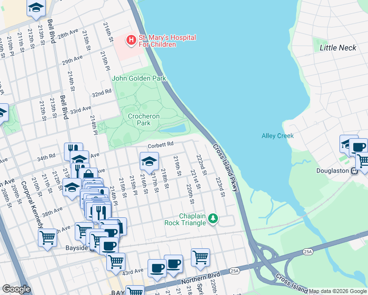 map of restaurants, bars, coffee shops, grocery stores, and more near 221-04 Corbett Road in Queens
