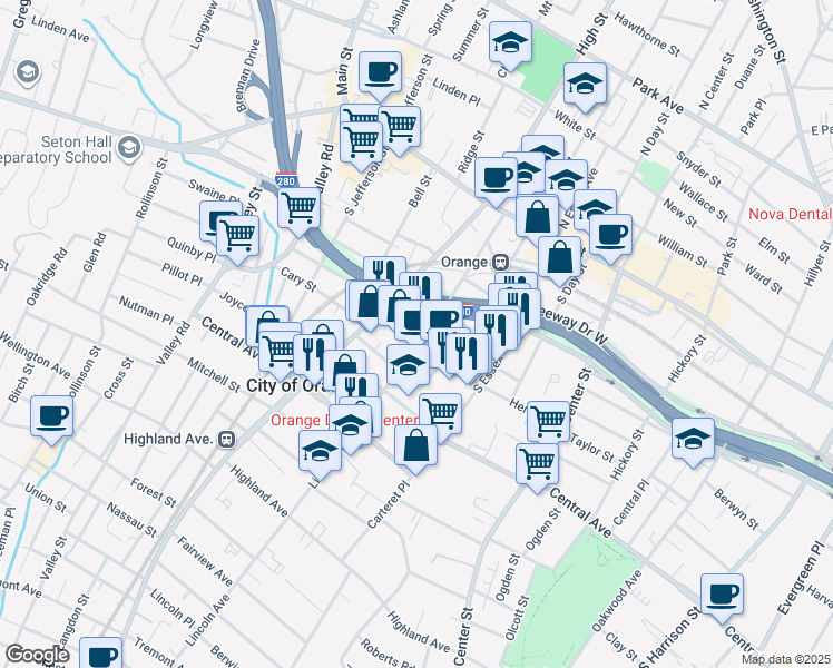 map of restaurants, bars, coffee shops, grocery stores, and more near 151 Lincoln Avenue in City of Orange