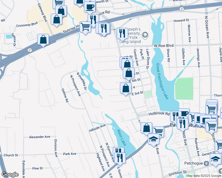 map of restaurants, bars, coffee shops, grocery stores, and more near 34 West 4th Street in Patchogue