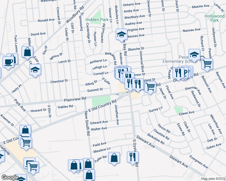 map of restaurants, bars, coffee shops, grocery stores, and more near 430 Plainview Road in Hicksville