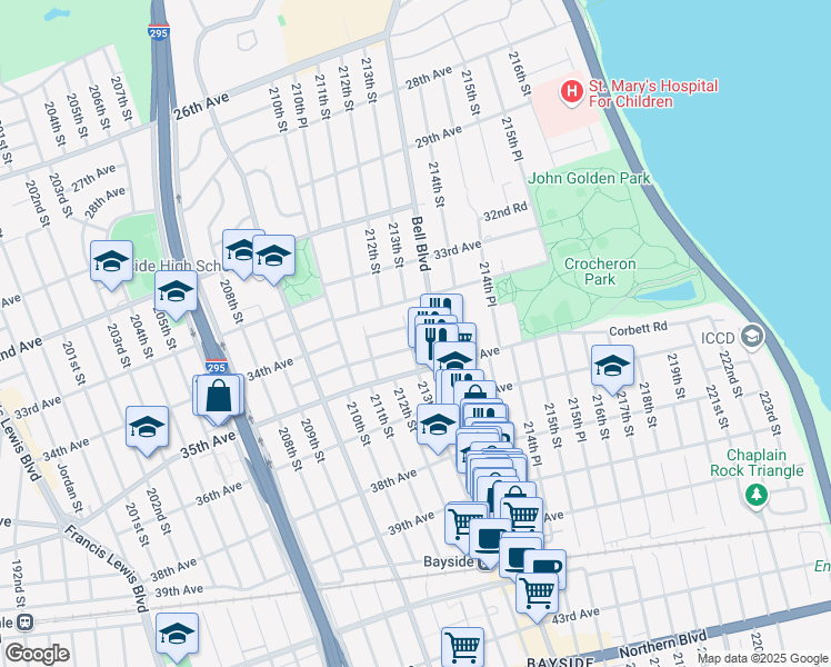 map of restaurants, bars, coffee shops, grocery stores, and more near 34-18 Bell Boulevard in Queens