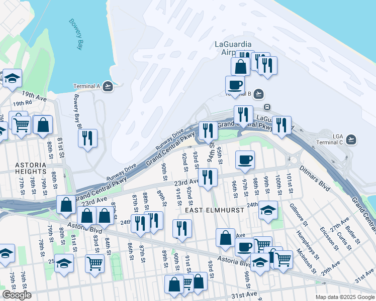 map of restaurants, bars, coffee shops, grocery stores, and more near 92-08 Ditmars Boulevard in Queens